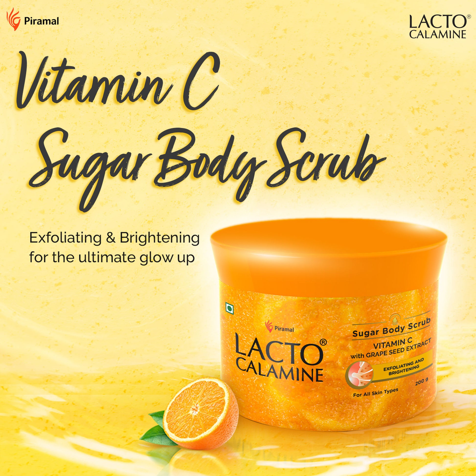 Lacto Calamine Vitamin C Sugar Body Scrub, Mild Exfoliation+Glowing Skin Scrub, With Glycolic Acid
