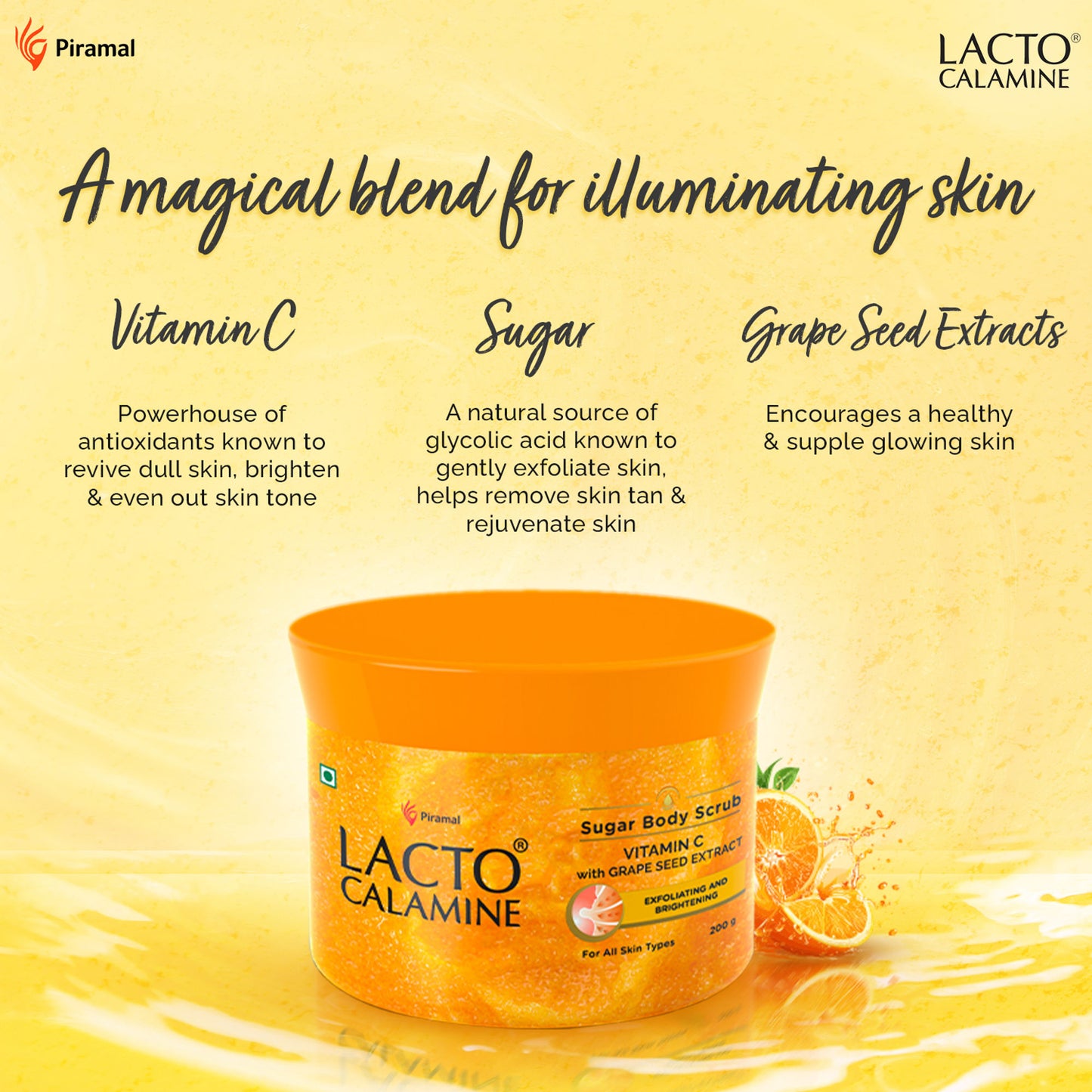 Lacto Calamine Vitamin C Sugar Body Scrub, Mild Exfoliation+Glowing Skin Scrub, With Glycolic Acid
