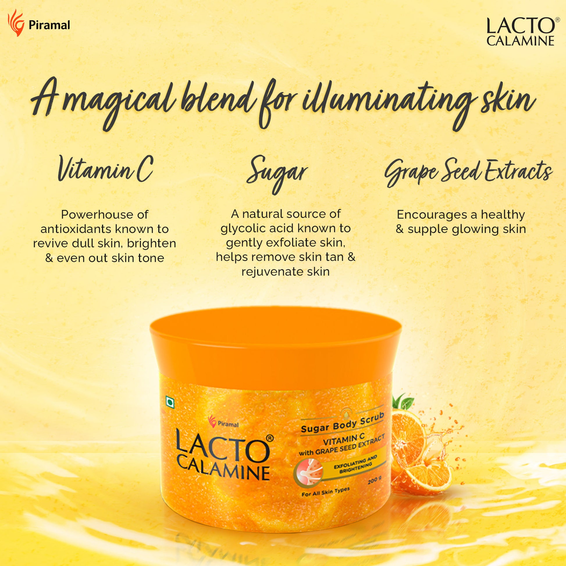 Lacto Calamine Vitamin C Sugar Body Scrub, Mild Exfoliation+Glowing Skin Scrub, With Glycolic Acid