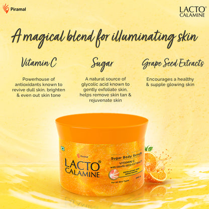 Lacto Calamine Vitamin C Sugar Body Scrub, Mild Exfoliation+Glowing Skin Scrub, With Glycolic Acid