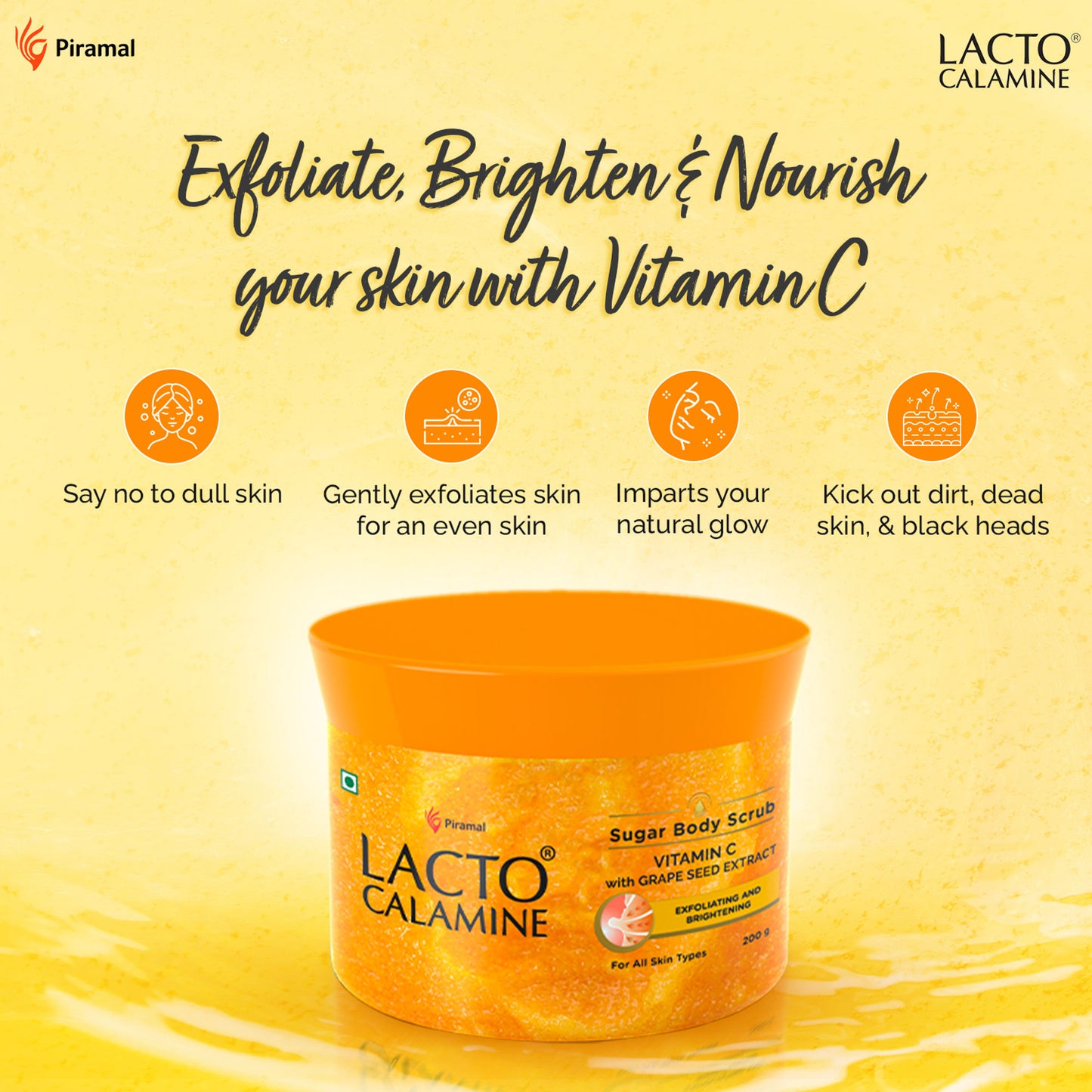 Lacto Calamine Vitamin C Sugar Body Scrub, Mild Exfoliation+Glowing Skin Scrub, With Glycolic Acid