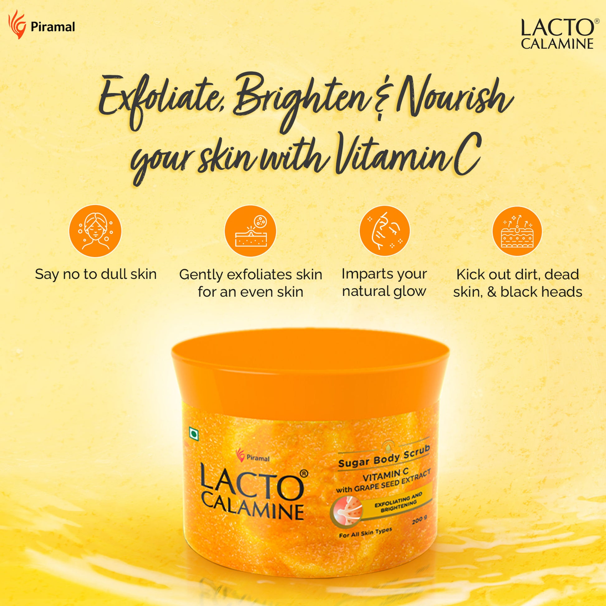 Lacto Calamine Vitamin C Sugar Body Scrub, Mild Exfoliation+Glowing Skin Scrub, With Glycolic Acid
