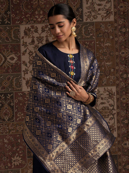 Indyancart IE Navy Blue Thread Work Liva Kurta With Palazzos & Dupatta