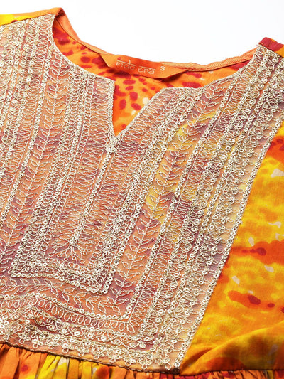 Indyancart IE Women Yellow Bandhani Tie & Dye Kurta with Trousers & Dupatta