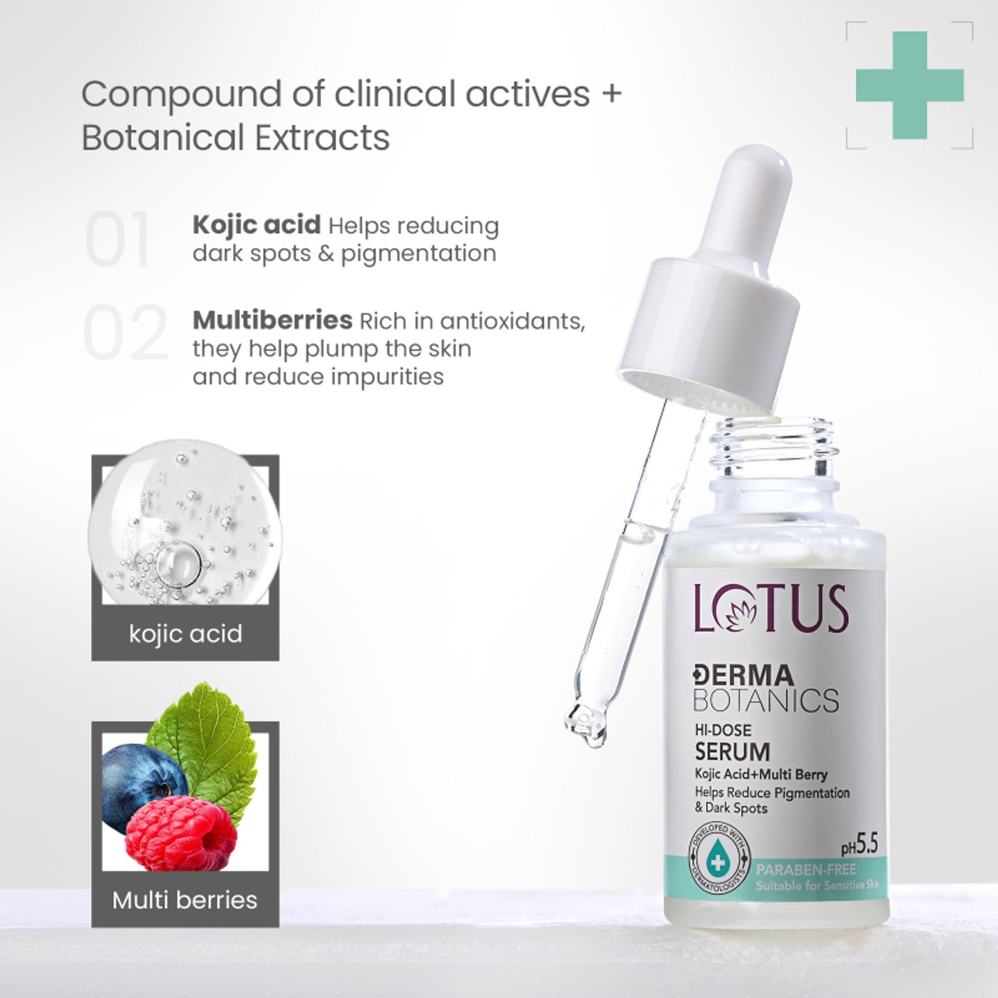 Lotus Dermabotanics Kojic Acid + Multi Berry Hi-Dose Serum, pH5.5, For Sensitive Skin
