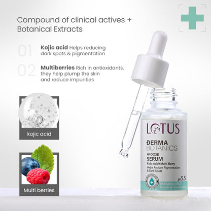 Lotus Dermabotanics Kojic Acid + Multi Berry Hi-Dose Serum, pH5.5, For Sensitive Skin