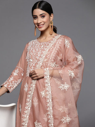 Indyancart VA Women's Beige Thread Embroidered Pure Cotton Kurta with Trouser and Dupatta