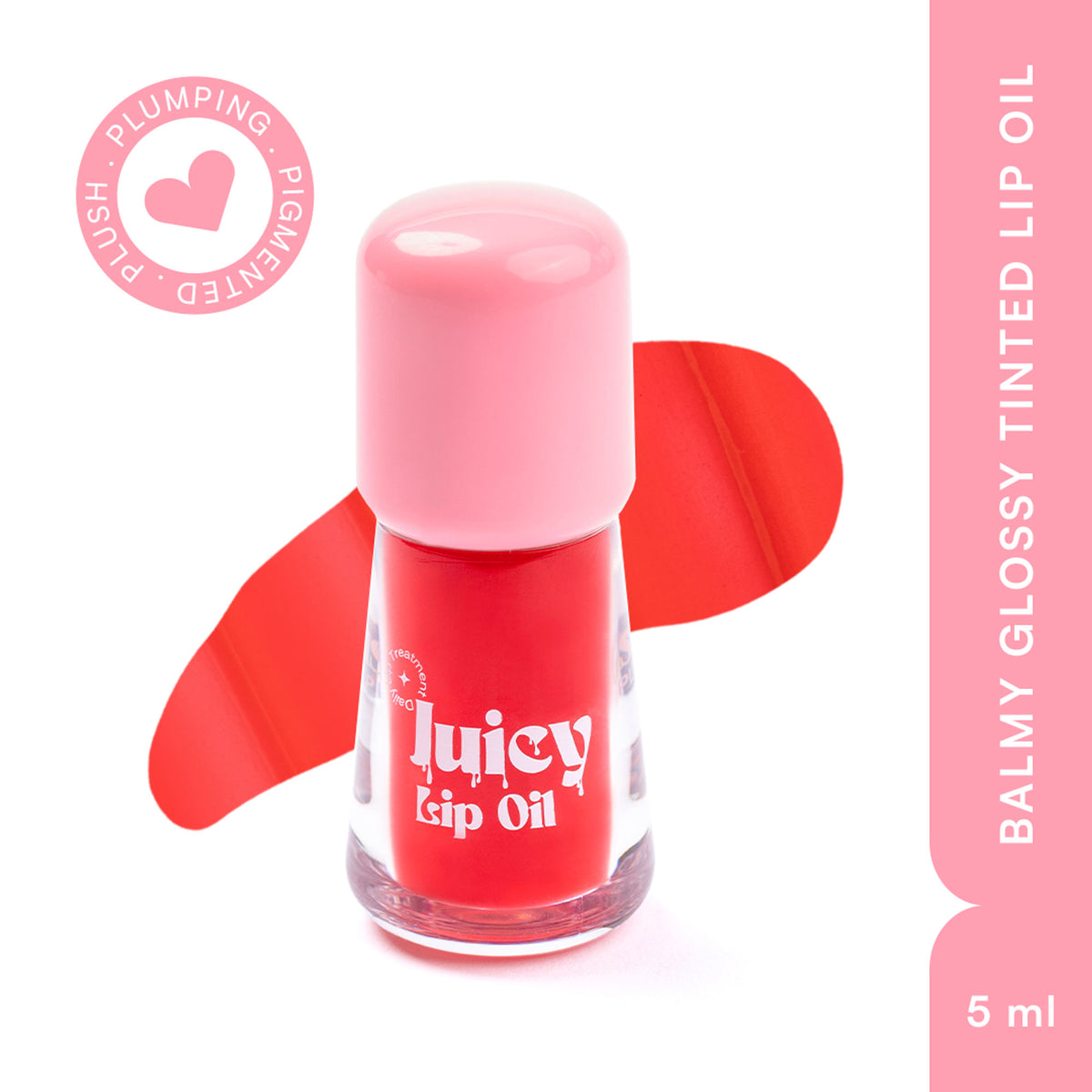 Gush Beauty Balmy Glossy Tinted Lip Oil in Cherry Red, showing smooth, shiny lip gloss with a red tint and glossy finish.