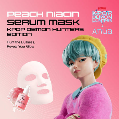 Anua Peach 70 Niacin Serum Face Mask from K-Pop Demon Hunters Special Edition, showing the vibrant mask packaging with peach design.