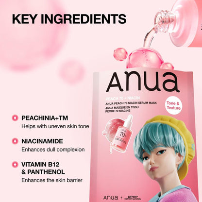 Anua Peach 70 Niacin Serum Face Mask, K-Pop Demon Hunters Special Edition, with peach extract and serum application visible.