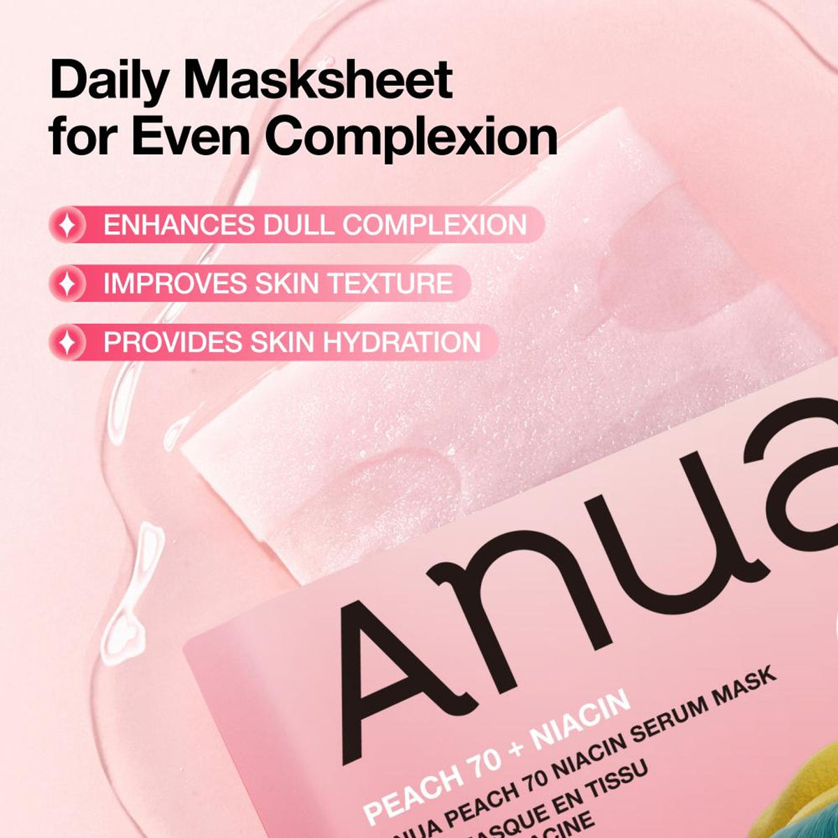 Anua Peach 70 Niacin Serum Face Mask from K-Pop Demon Hunters Special Edition, featuring peach-colored packaging and serum application.