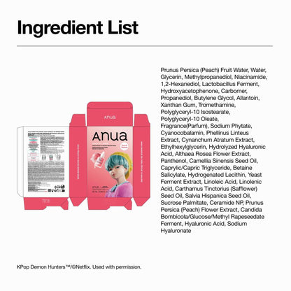 Anua Peach 70 Niacin Serum Face Mask, K-Pop Demon Hunters Special Edition, with peach extract and serum ingredients visible on the mask.