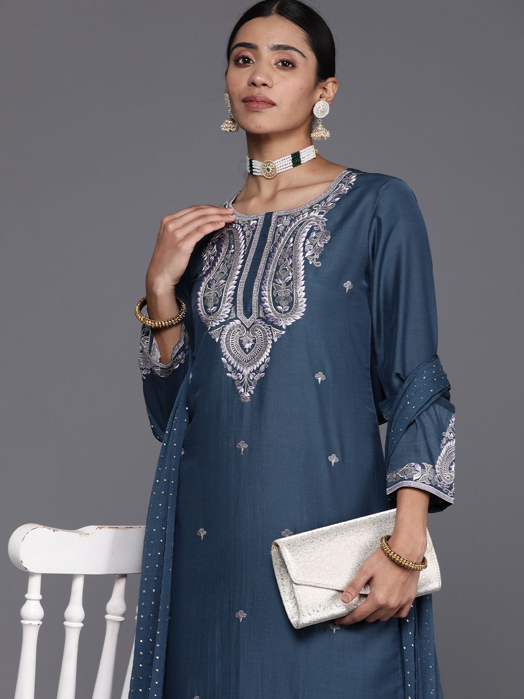 Indyancart VA Women'sEthnic Motifs Embroidered Regular Sequinned Kurta with Trousers & With Dupatta