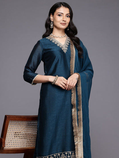 Indyancart VA Ethnic Motifs Embroidered Zari Kurta With Palazzos & Dupatta