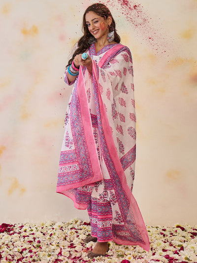 Indyancart IE Women Floral Printed Regular Pure Cotton Kurta with Palazzos & With Dupatta