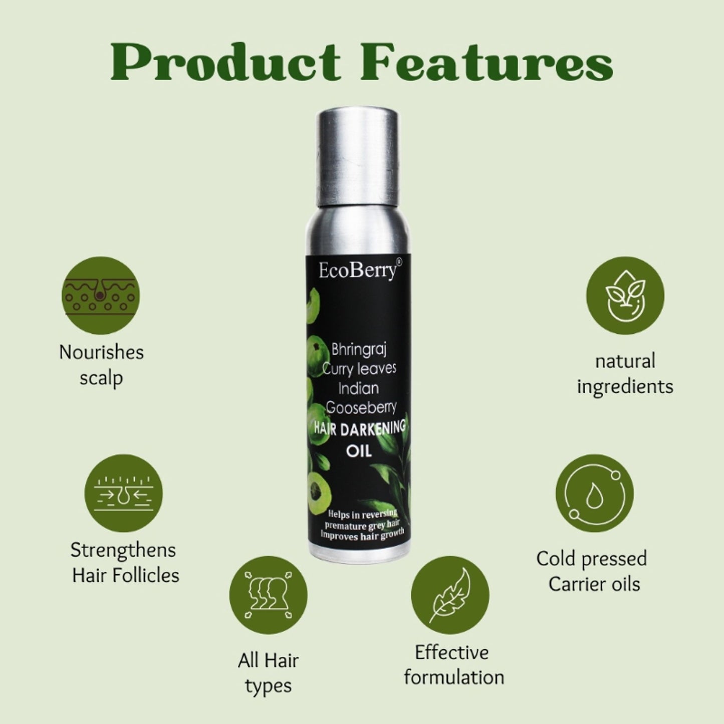 Ecoberry Hair Oil - with Bhringaraj Curry Leaves Indian Gooseberry for Hair Darkening
