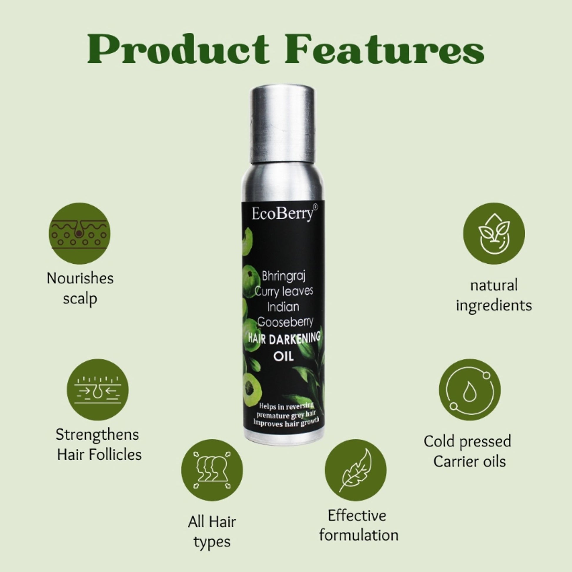 Ecoberry Hair Oil - with Bhringaraj Curry Leaves Indian Gooseberry for Hair Darkening