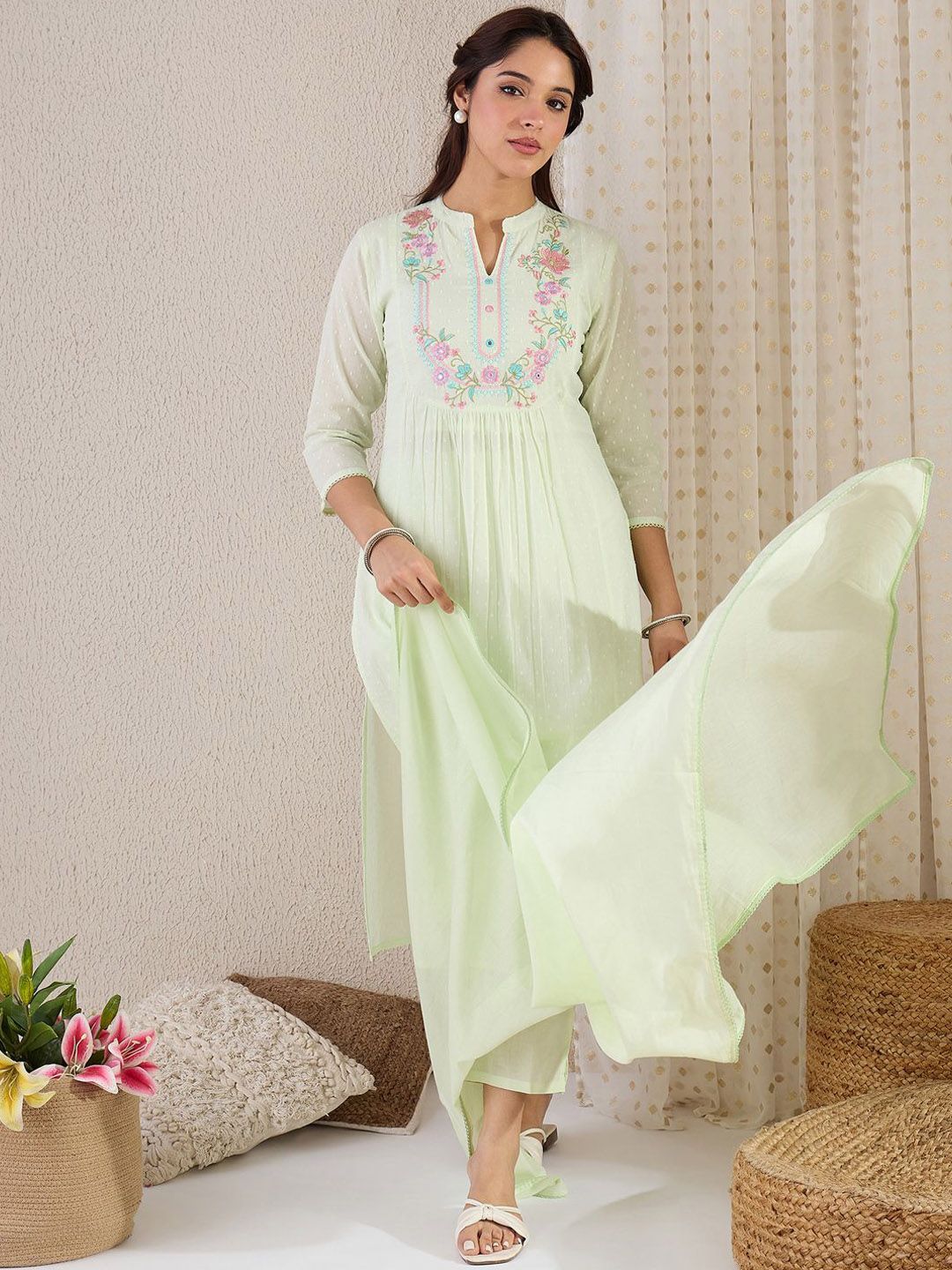 Indyancart IE Embroidered Mandarin Collar A-Line Pure Cotton Kurta With Trousers And Dupatta
