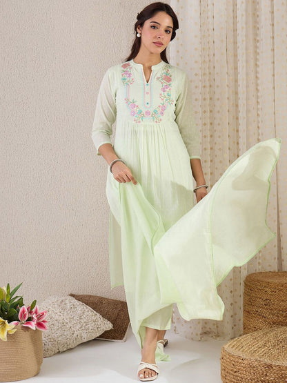 Indyancart IE Embroidered Mandarin Collar A-Line Pure Cotton Kurta With Trousers And Dupatta
