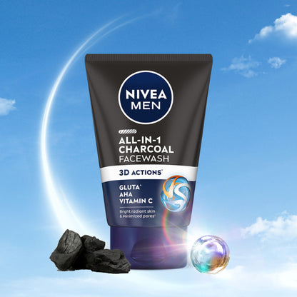 NIVEA MEN Face Wash, All in 1 Charcoal, to Detoxify & Refresh Skin with 10x Vitamin C Effect
