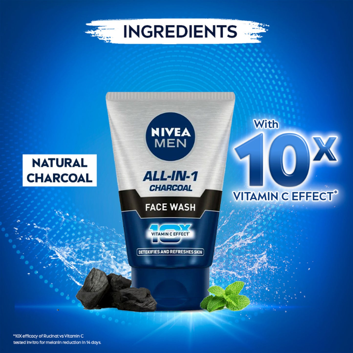 NIVEA MEN Face Wash, All in 1 Charcoal, to Detoxify & Refresh Skin with 10x Vitamin C Effect