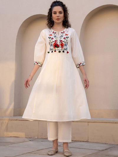 Indyancart IE Floral Embroidered Tie-UP Neck Pleated A-Line Pure Cotton Kurta With Trousers