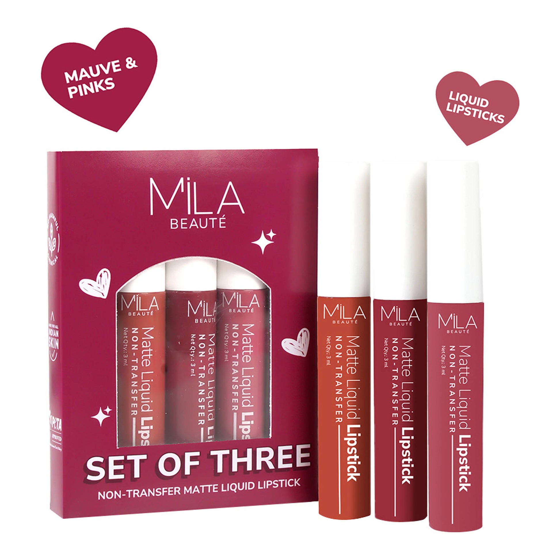 Mila Beauté Non Transfer Mauves & Pinks Liquid Lipstick Set Of 3 Matte Finish