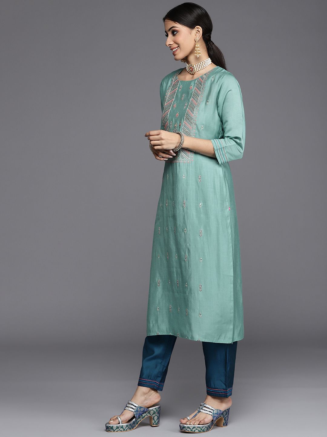 Indyancart VA Women's Blue Ethnic Motifs Embroidered Kurta with Trousers & Dupatta