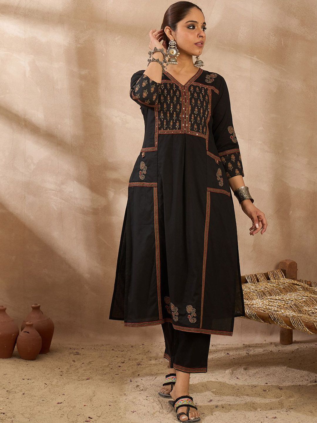 Women Ethnic Motifs Embroidered Pleated Sequinned Pure Cotton Kurta with Trousers