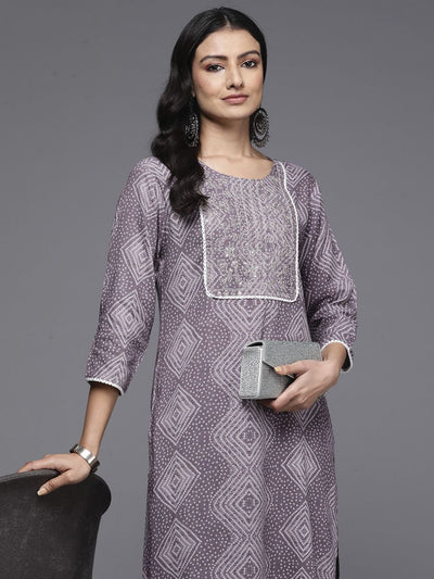 Indyancart IE Bandhani Printed Round Neck Straight Sequinned Kurta