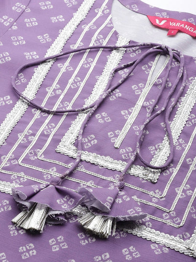 Indyancart VA Women's Purple Bandhani Printed Kurta with Trousers & With Dupatta