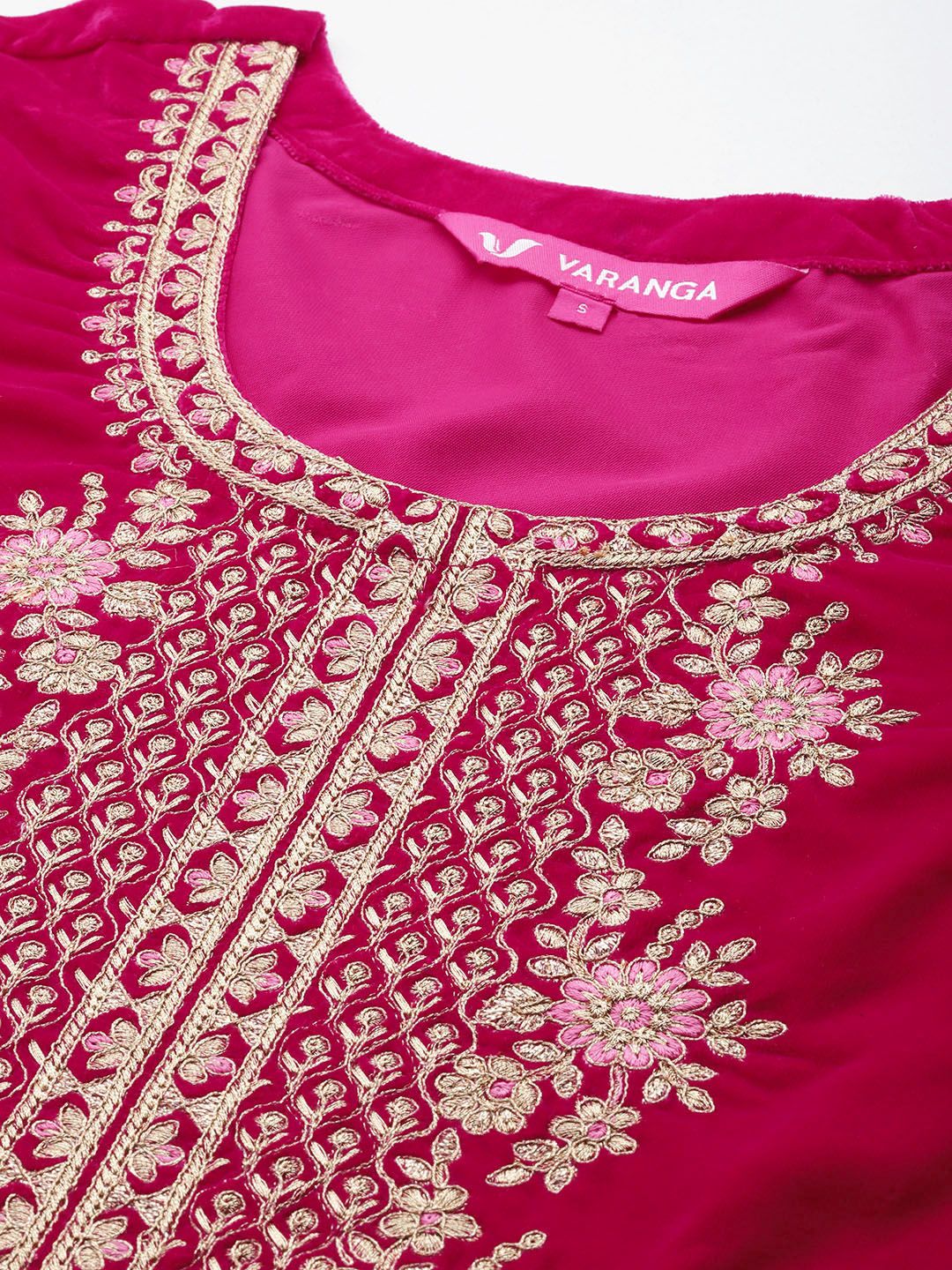 Indyancart VA Women'sFloral Zari Embroidered Velvet Kurta with Trouser & Velvet Dupatta
