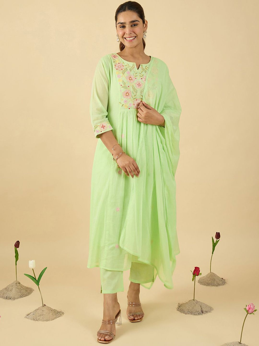 Indyancart IE Women Embroidered Pure Cotton A-Line Kurta with Trousers & With Dupatta