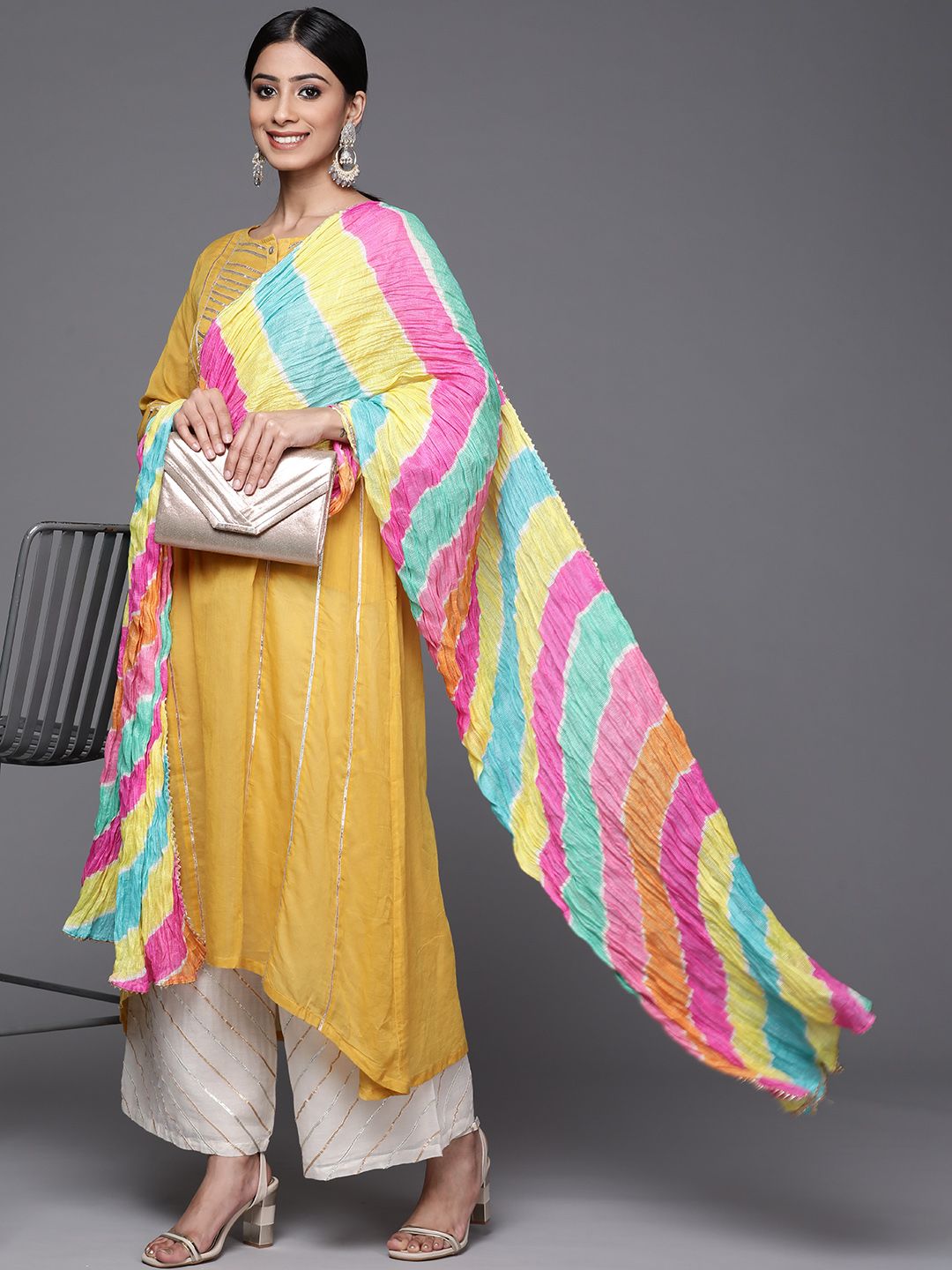Indyancart VA Women's Mustard Yellow & Yellow Gotta Patti Cotton Kurta with Palazzos & Dupatta