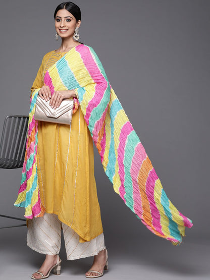 Indyancart VA Women's Mustard Yellow & Yellow Gotta Patti Cotton Kurta with Palazzos & Dupatta