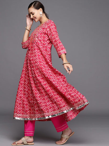 Dhiyona IE Women Pink & White Bandhani Printed Gotta Patti Kurta with Trousers & Dupatta