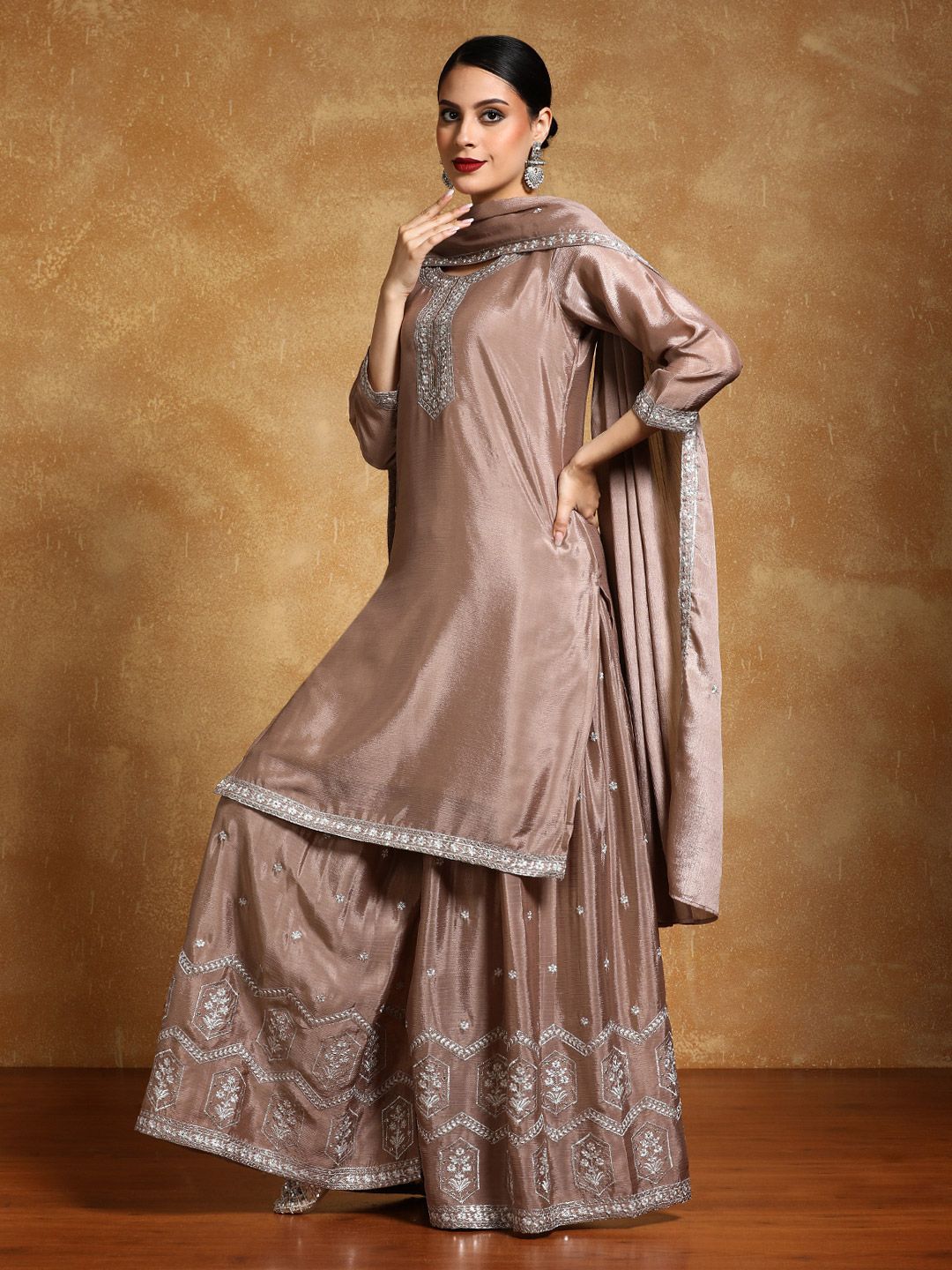 Indyancart VA Floral Yoke Design Zari Straight Kurta With Sharara And Dupatta