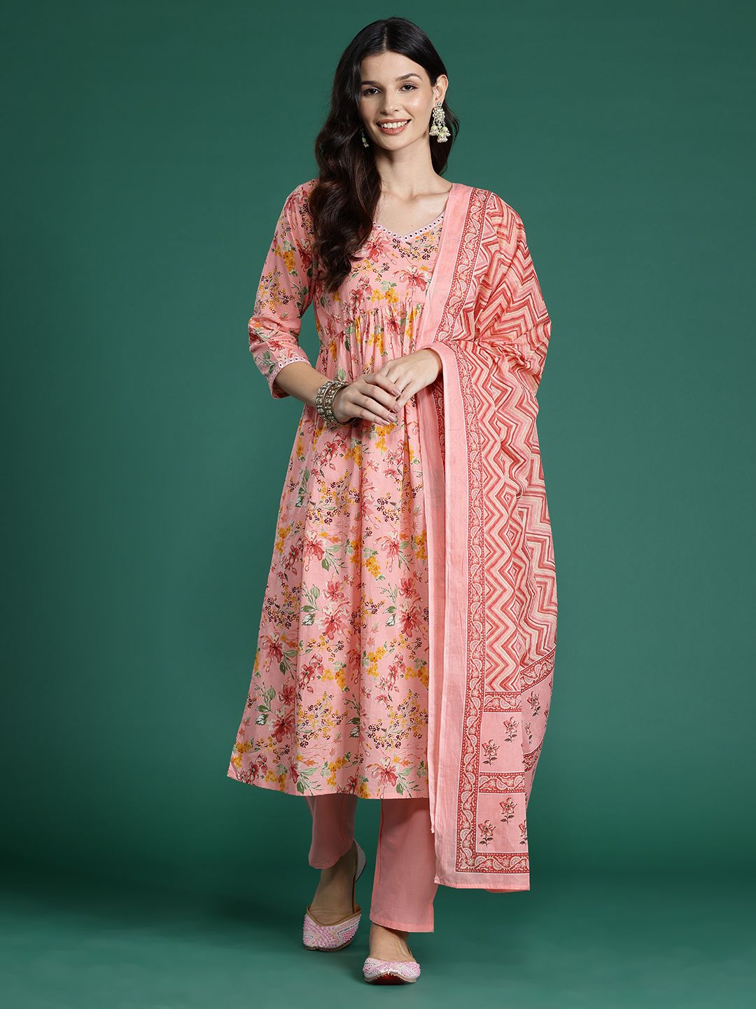 Indyancart IE Floral Printed Empire Mirror Work Pure Cotton Kurta With Trousers & Dupatta