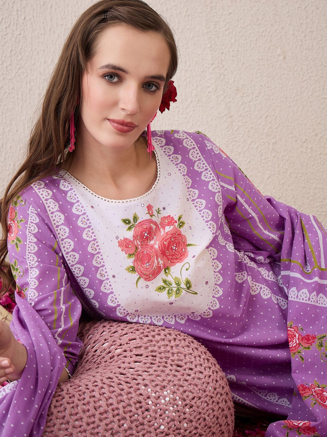 Floral Printed Sequinned Pure Cotton Straight Kurta With Trouser And Dupatta