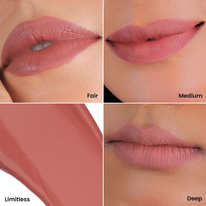 La Mior Can Do It All Velvet Liquid Lipstick in Limitless shade, showing a sleek tube and applicator with vibrant lipstick inside.