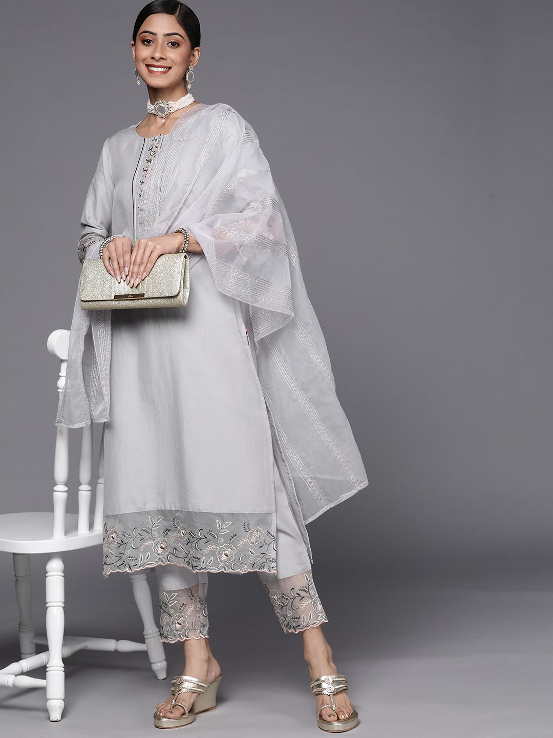 Indyancart VA Women's Grey Floral Embroidered Thread Work Kurta with Trousers & With Dupatta