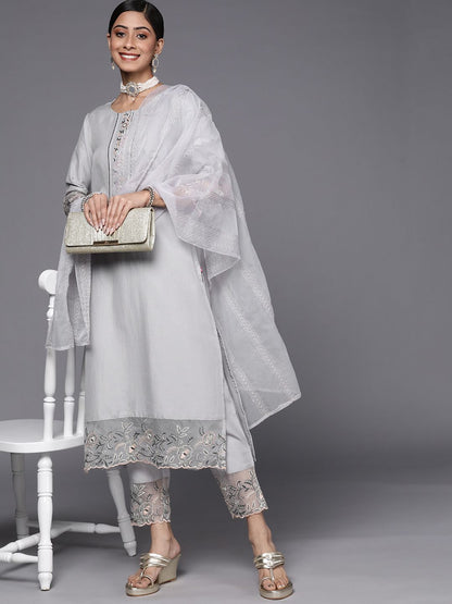Indyancart VA Women's Grey Floral Embroidered Thread Work Kurta with Trousers & With Dupatta