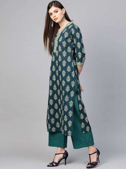 Dhiyona IE Women Navy Blue & Green Printed Kurta with Palazzos & Dupatta
