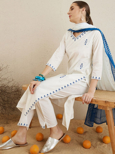 Indyancart IE Ethnic Motifs Embroidered Thread Work Pure Cotton Kurta with Trousers & Dupatta