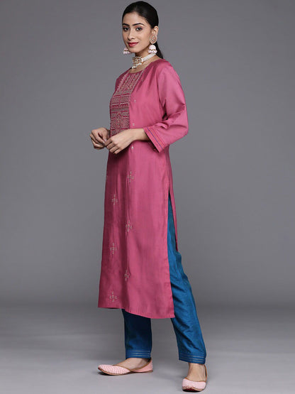 Indyancart VA Women's Pink Zari Resham Embroidered Winter Kurta with Trousers & Dupatta