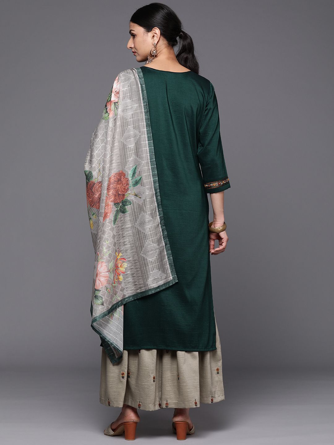 Indyancart VA Floral Yoke Design Thread Work Kurta with Sharara & With Dupatta