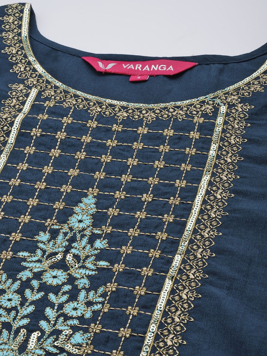 Indyancart VA Women's Navy Blue Yoke Design Kurta with Trousers & With Dupatta