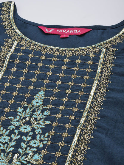Indyancart VA Women's Navy Blue Yoke Design Kurta with Trousers & With Dupatta
