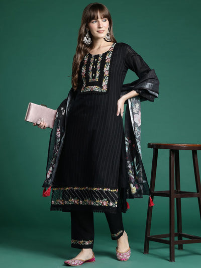 Dhiyona IE Floral Embroidered Thread Work Linen Kurta With Trousers & Dupatta