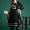 Indyancart IE Floral Embroidered Thread Work Linen Kurta With Trousers & Dupatta